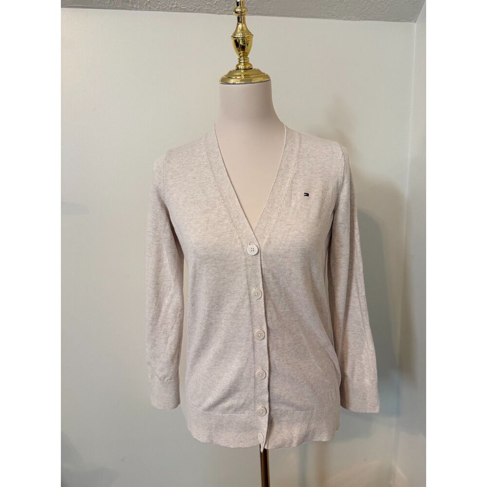 Tommy Hilfiger 100% Cotton Cardigan Women’s S Oatmeal V-Neck Flag Logo